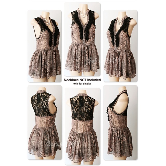 Taupe Black Lace Ruffle Button Boho Chiffon Romper - Picture 6 of 7